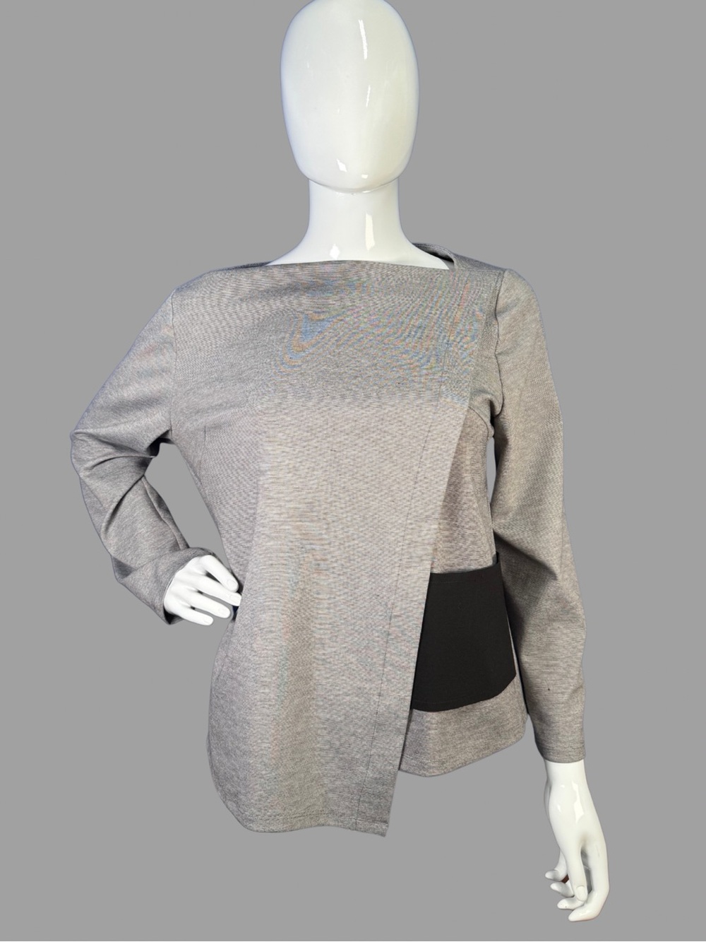Jane Story Structured Asymmetrical Gray Long-Sleeve Women's Top w/ Black Accent